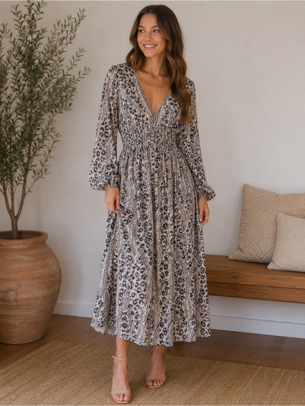 Fate Animal Print Maxi Dress | Size Small | Boho Leopard Print Long Sleeve Dress